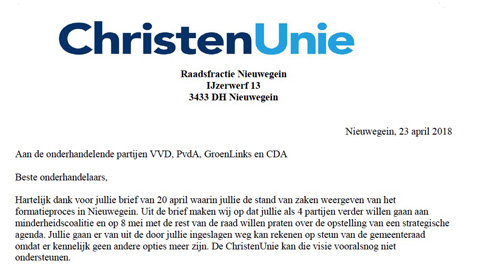Christen Unie schrijft Open Brief aan onderhandelende partijen VVD, PvdA, GroenLinks en CDA