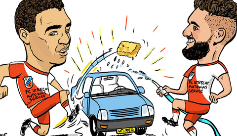 PENTekening: ‘Spelers FC Utrecht wassen auto’s voor het WKZ”