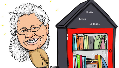 PENTekening: ‘Heleen van den Hoven opent de minibieb in Batau Noord’