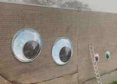 Vrolijke gezichtjes van Jan Is De Man op muur van Anna van Rijn College