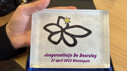 Jongeren ontvangen glazen herinneringstegel voor het winnen van het Jongerenlintje