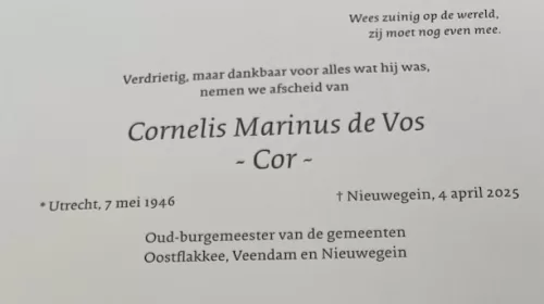 Voormalig burgemeester Cor de Vos overleden op 78-jarige leeftijd