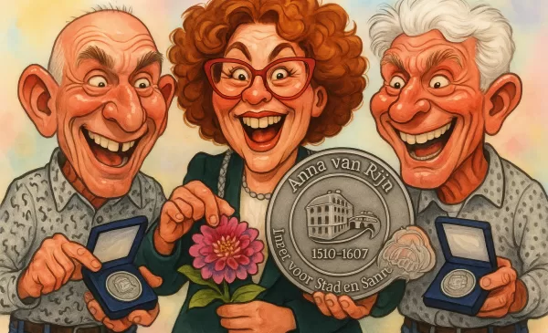 PENTekening: ‘Twee Anna van Rijnpenningen voor vrijwilligers Eef en Gé’