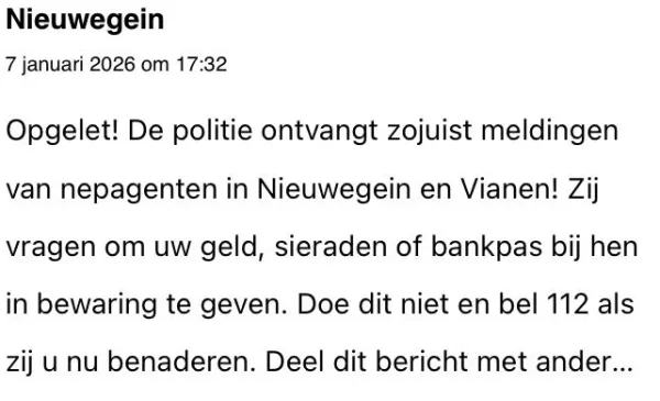 Politie waarschuwt voor nepagenten in o.a. Nieuwegein en start buurtonderzoek