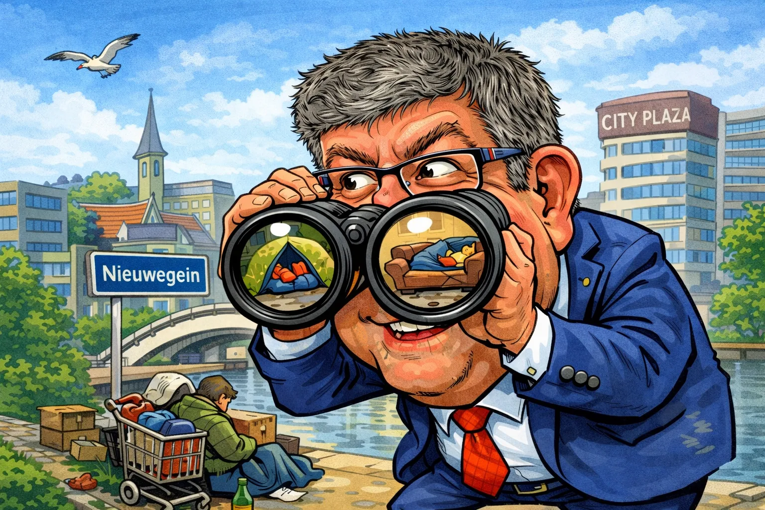 Bamber met verrekijker karikatuur