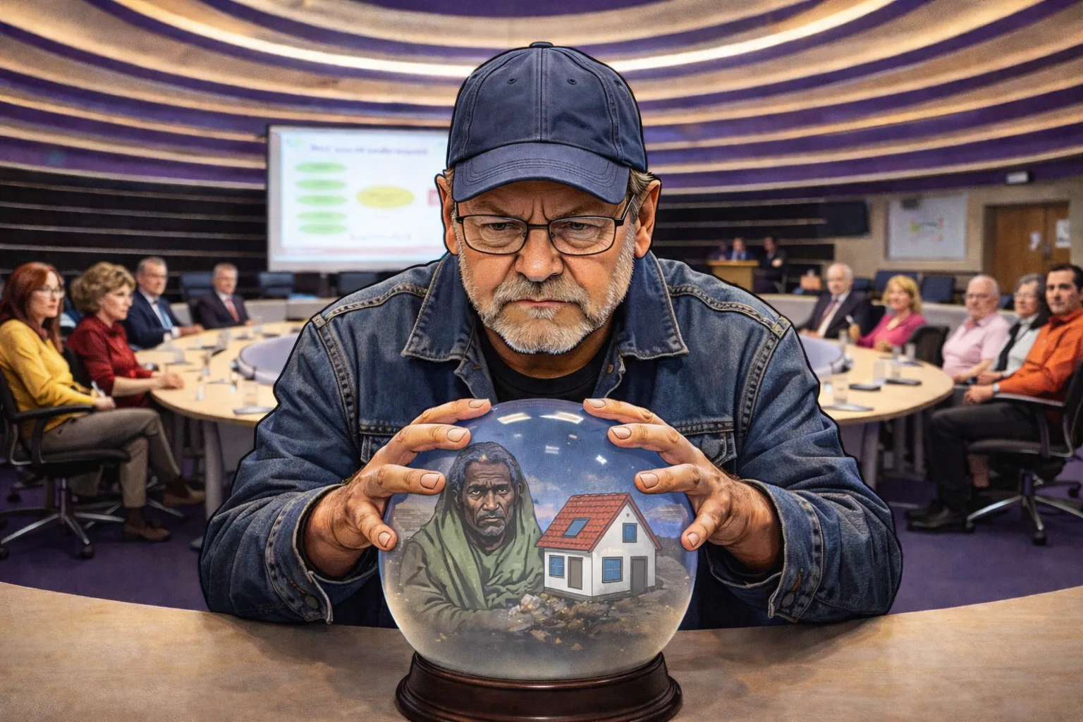 jan met de pet met een glazenbol in de raadszaal