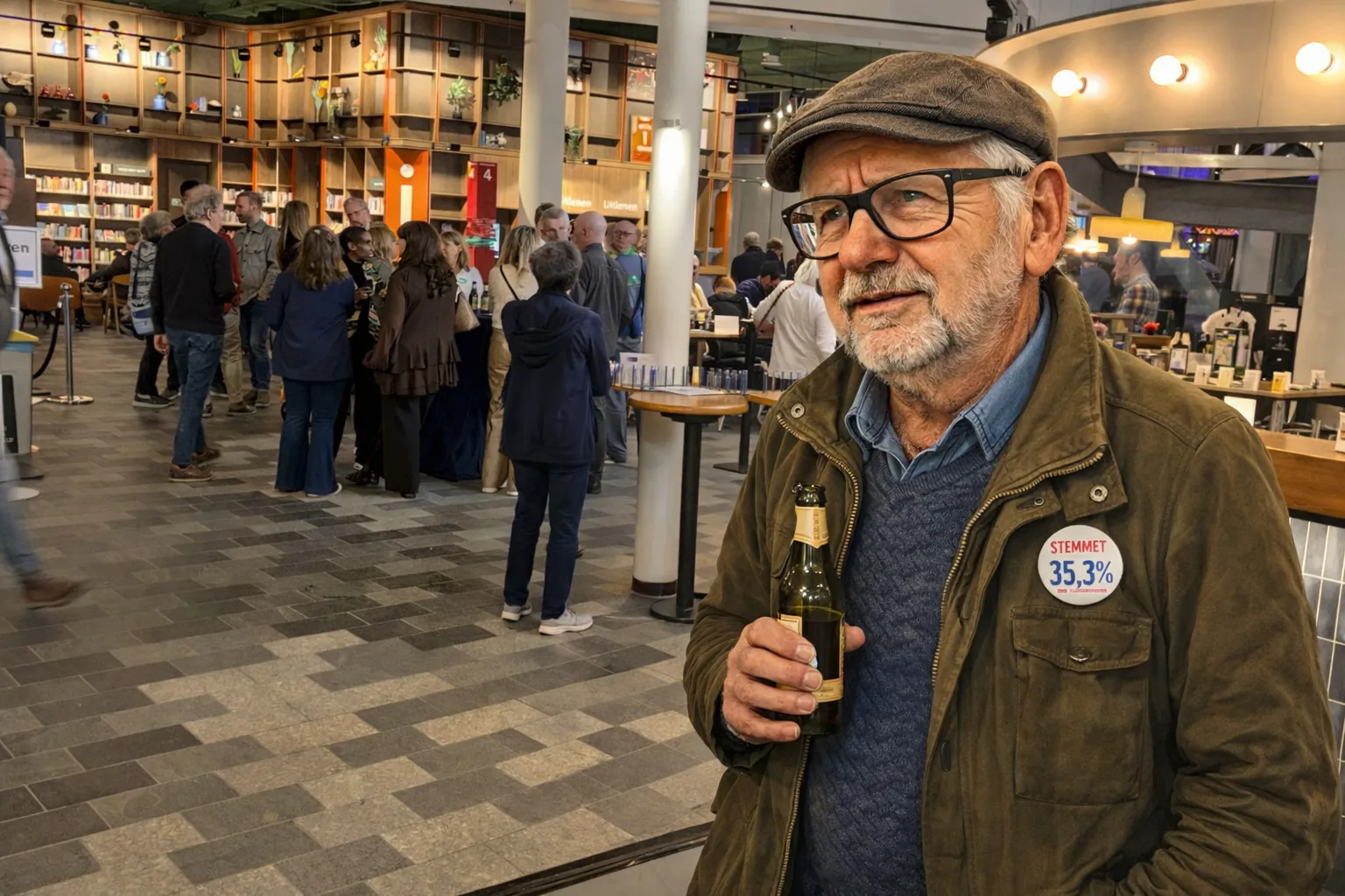 Jan met de pet met biertje in atium