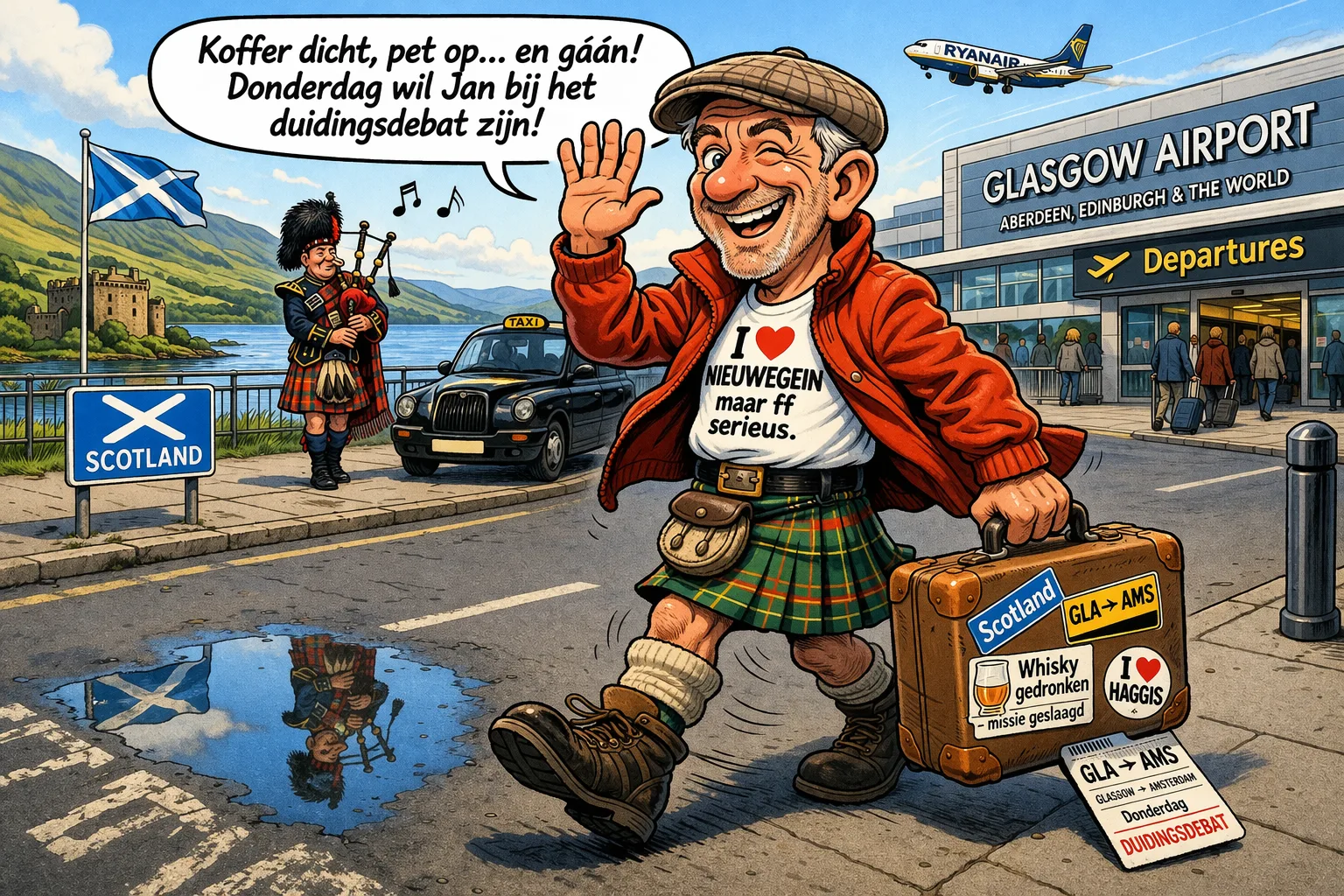 Jan met de Pet vertrekt naar nederland