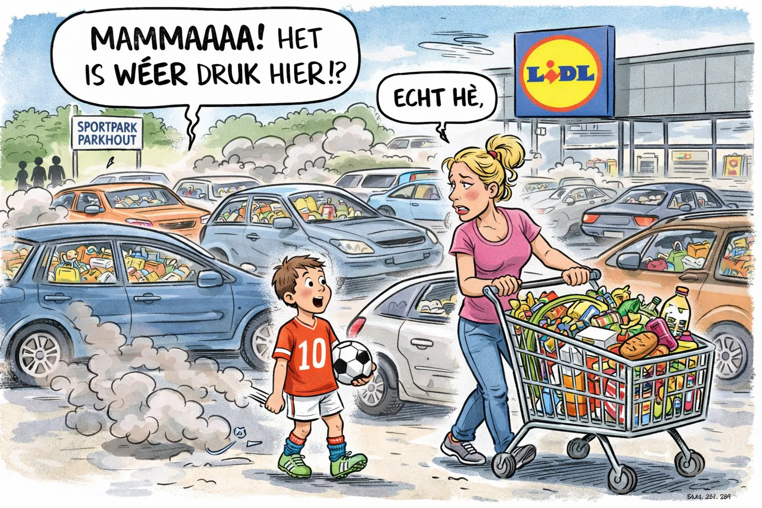 karikatuur drukte parkeerplaats lidl boodschappen vervuiling