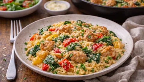Koken met PEN: ‘Romige orzo met kip, paprika en spinazie, één pan, veel smaak’