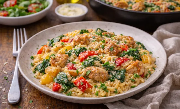 Koken met PEN: ‘Romige orzo met kip, paprika en spinazie, één pan, veel smaak’