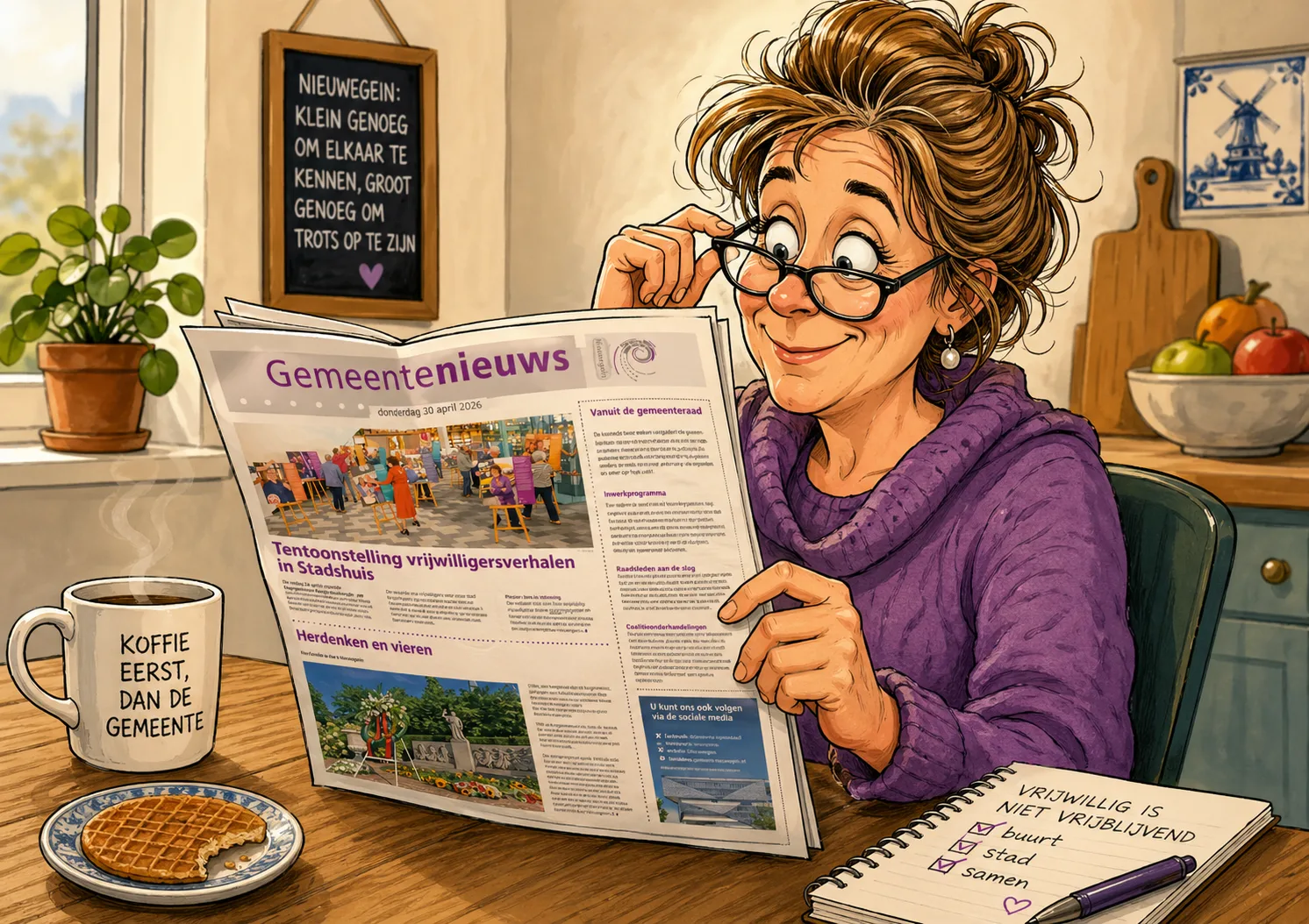 Karikatuur vrouw leest gemeentepagina