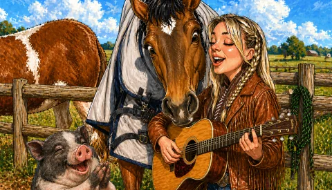 Zangeres treedt in Galecop op voor paarden, koeien en varkens