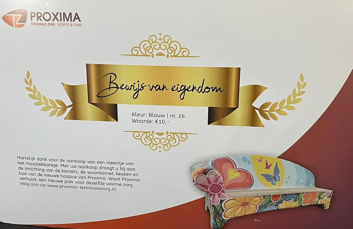 Certificaat mozaikbankje hospice nieuwegein