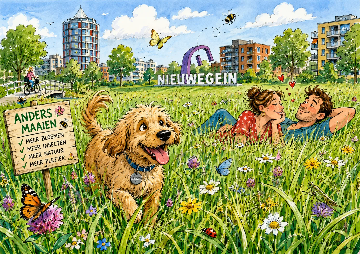 Karikatuur hoog gras met hond en paartje