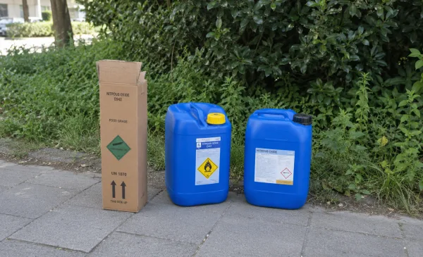 Lachgasdoos en jerrycans met gevaarlijke reiniger gevonden op stoep aan Leeuwerik