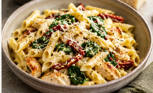 Koken met PEN: ‘Romige kip-pasta met zongedroogde tomaat en spinazie’