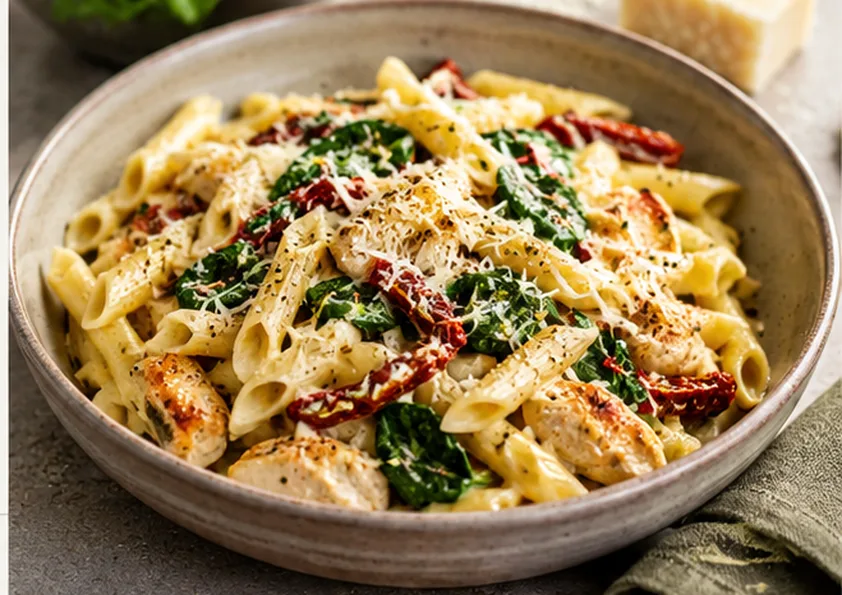 Een kom romige kip-pasta met zongedroogde tomaat, spinazie en geraspte Parmezaanse kaas