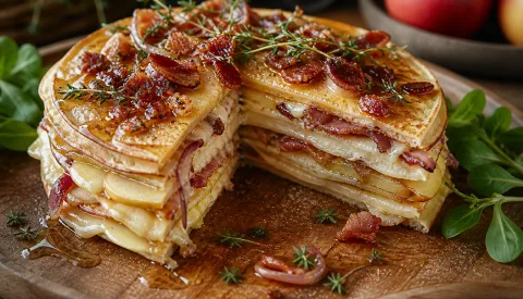 Koken met PEN: ‘Pannenkoekentaart met oude kaas, appel, spek en stroop-tijmsaus’