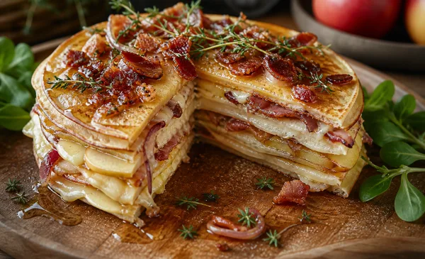Koken met PEN: ‘Pannenkoekentaart met oude kaas, appel, spek en stroop-tijmsaus’