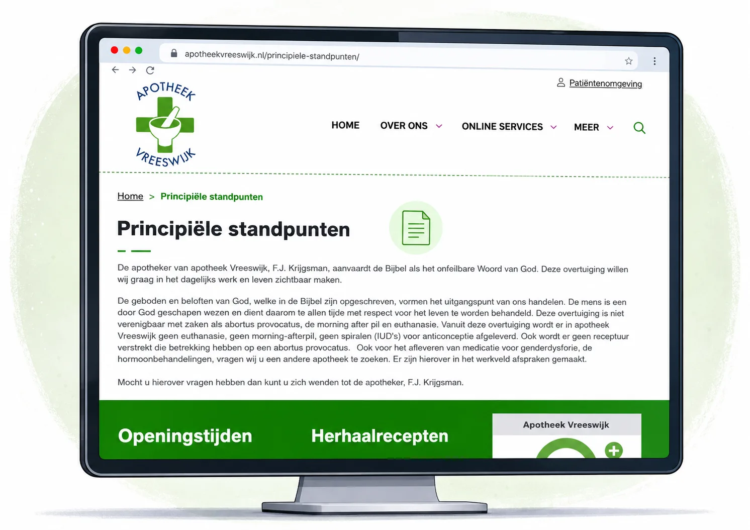 schermafbeelding van het bericht op de website van de apotheek