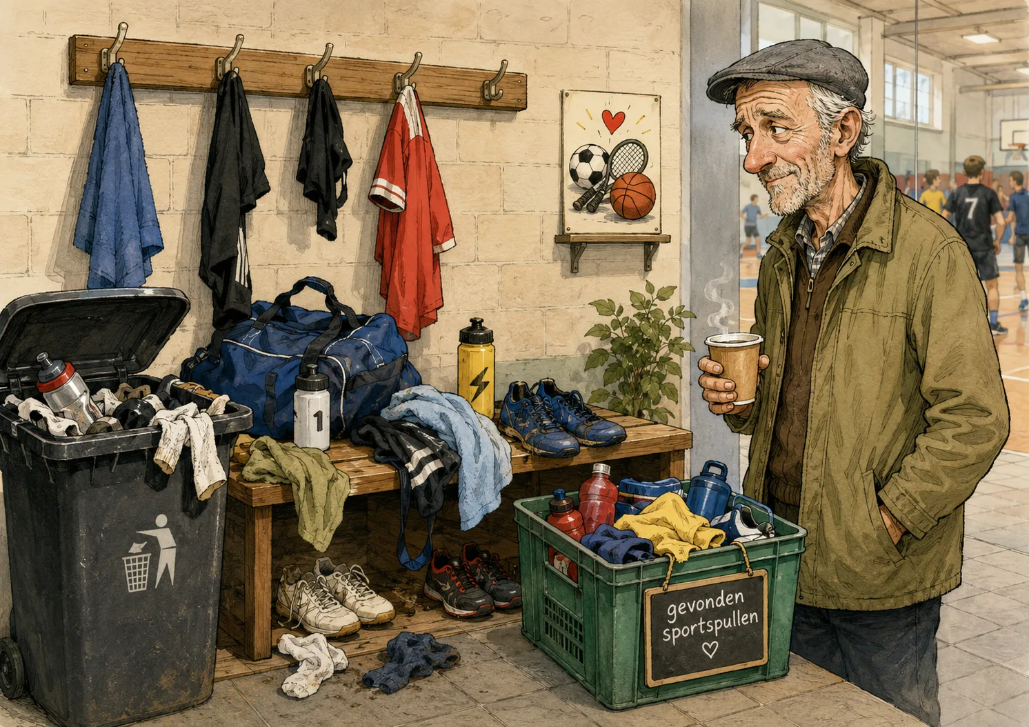 Karikatuur sportspullen vergeten