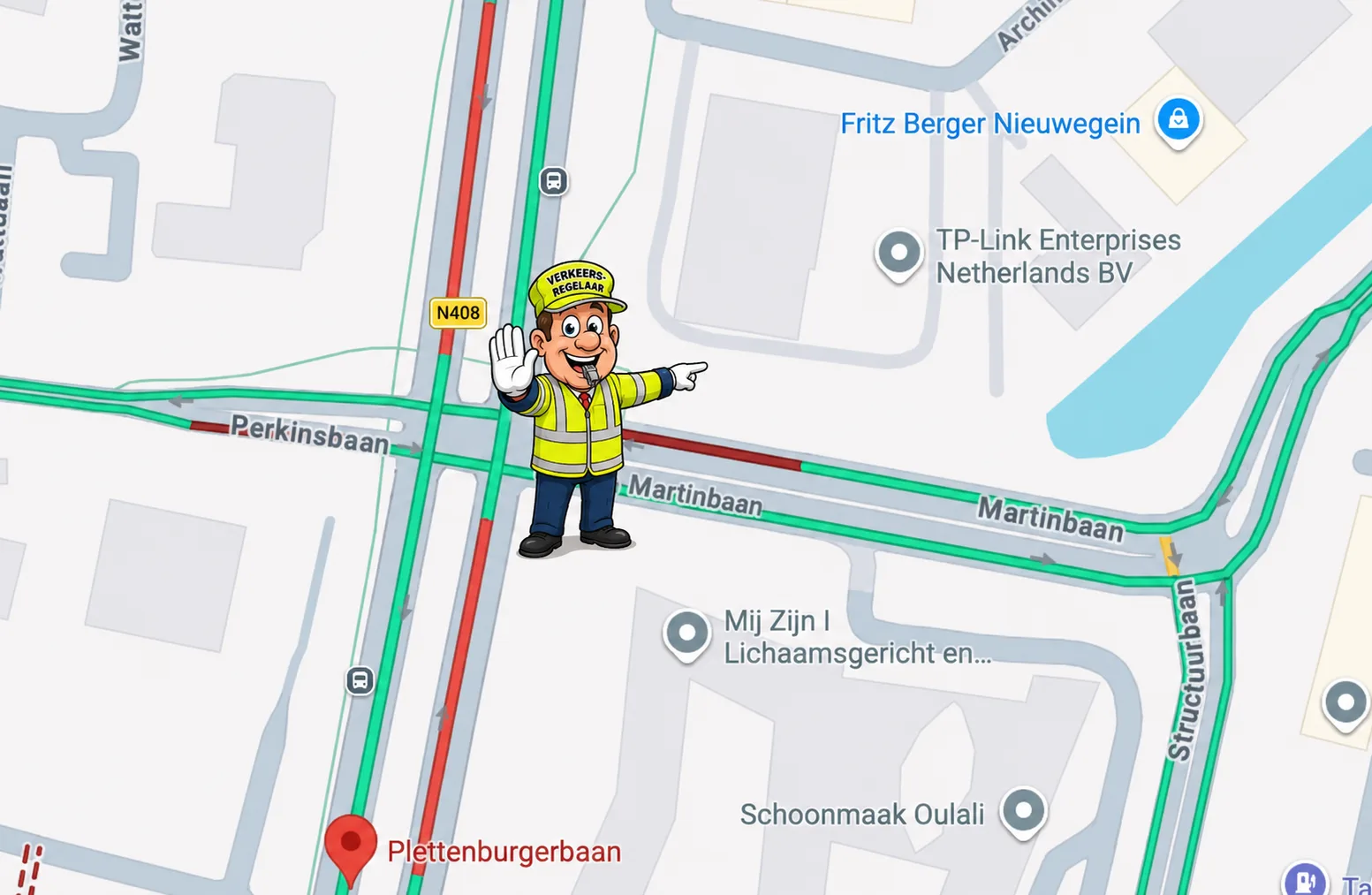 kaartje plettenburgerbaan met karikatuur verkeersregelaar