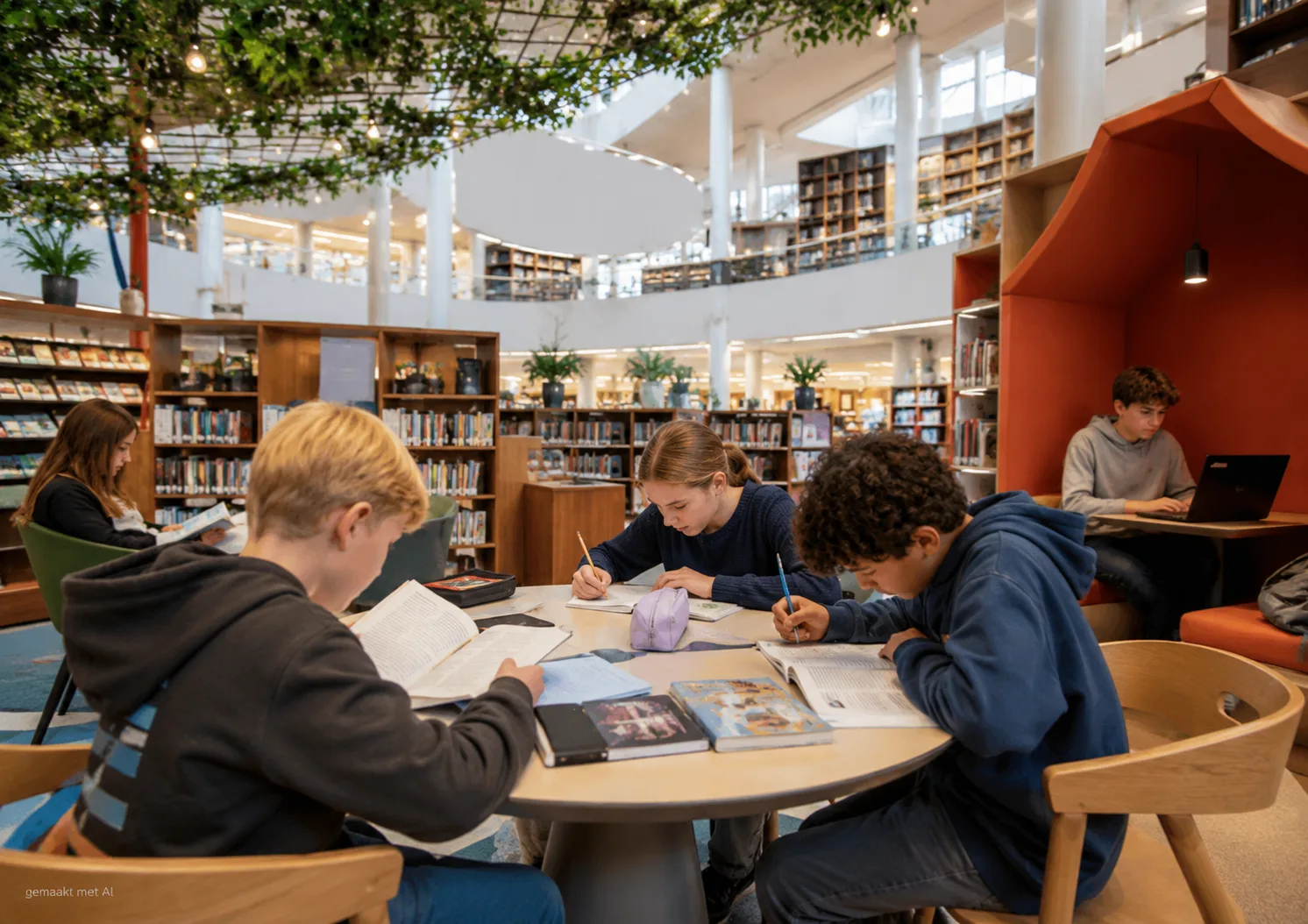 kinderen studeren in de bieb