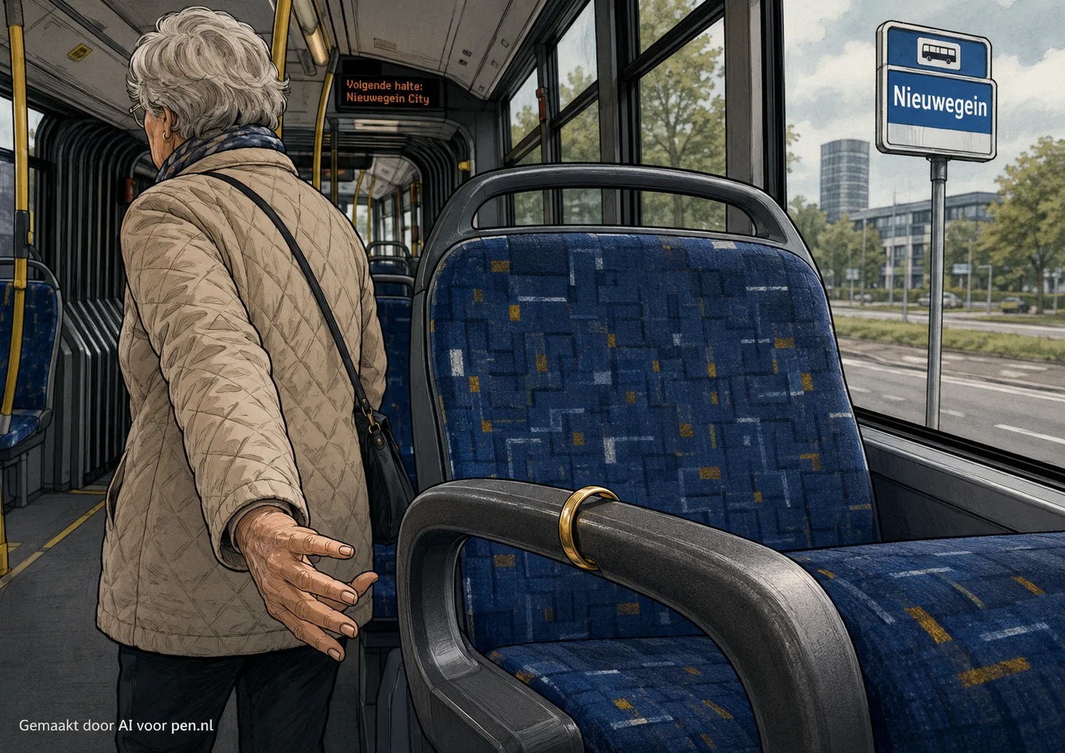 Vrouw verlaat bus karikatuur ring